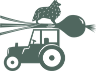 Lilla jordbrukets logotyp, en traktor med stor lök och hund på taket